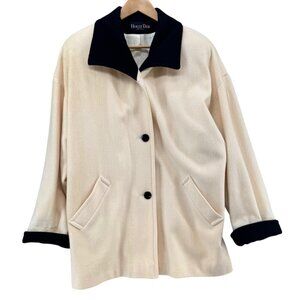 Vtg Holly Deb Wool Coat Womens Cream Black Mid Length USA Made Size XL